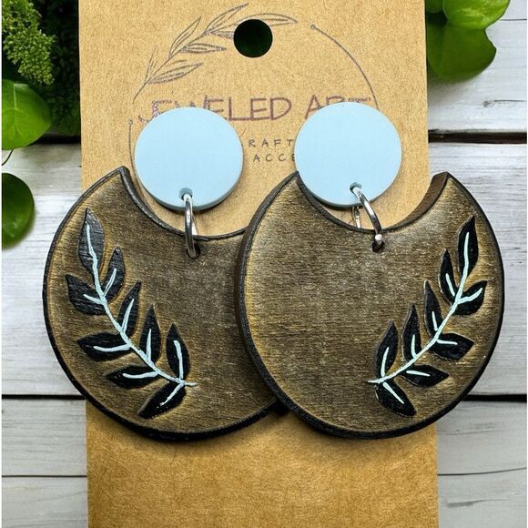 JEWELED ART Boho Dangle Leaf Blue Handmade Painted Wood Earrings - Picture 3 of 3